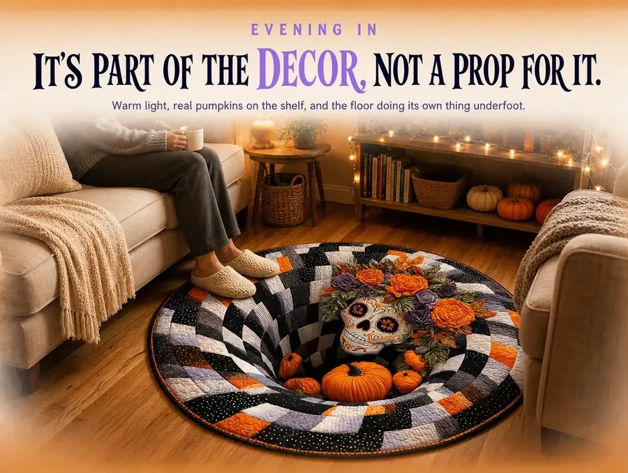 A warmly lit evening living room with the illusion rug glowing under lamp light beside real seasonal pumpkins.