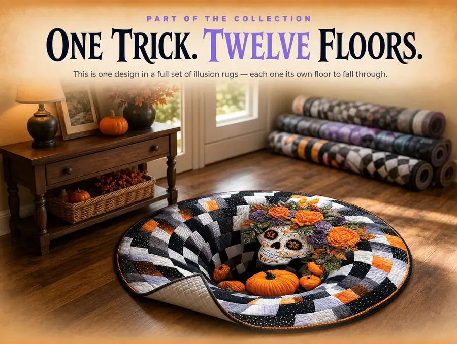 The rug's design in sharp focus with several other rolled rugs softly out of focus on a shelf behind it.
