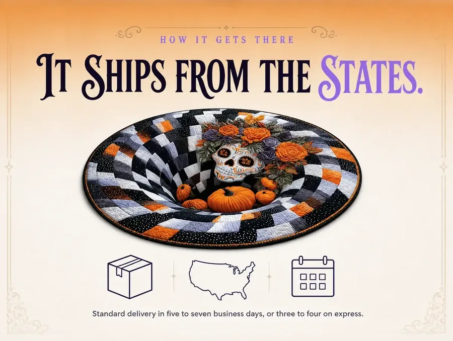 Flat line-art panel showing a shipping carton, a United States map outline and a calendar page.