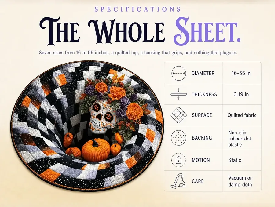 Spec sheet with the rug cut out on the left and a six-row table listing diameter, thickness, material, backing and care.