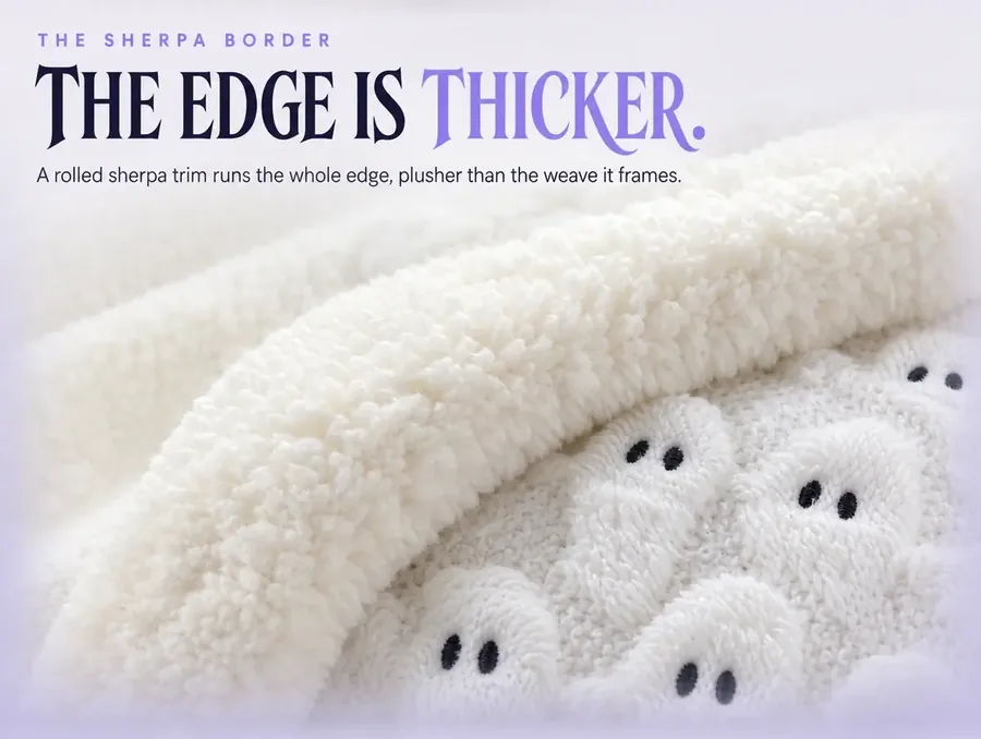 Macro detail of the thick rolled sherpa border along one rounded edge of the throw.