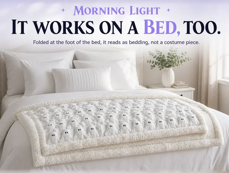 The throw folded across the foot of a made white bed in soft morning light.