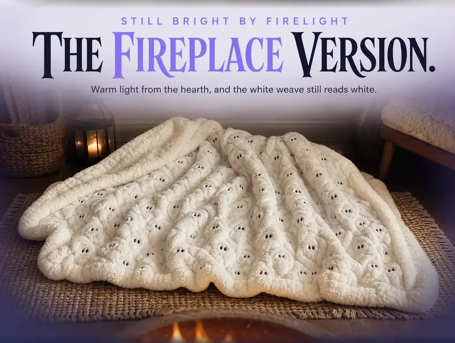 The throw rumpled on a rug in front of a lit fireplace, warm firelight across the raised texture.