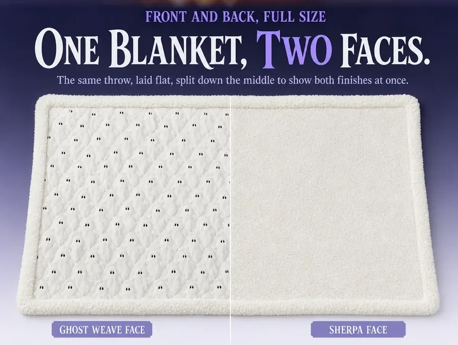 One frame split down the middle: the throw's ghost-texture face on one half and its plain sherpa face on the other.
