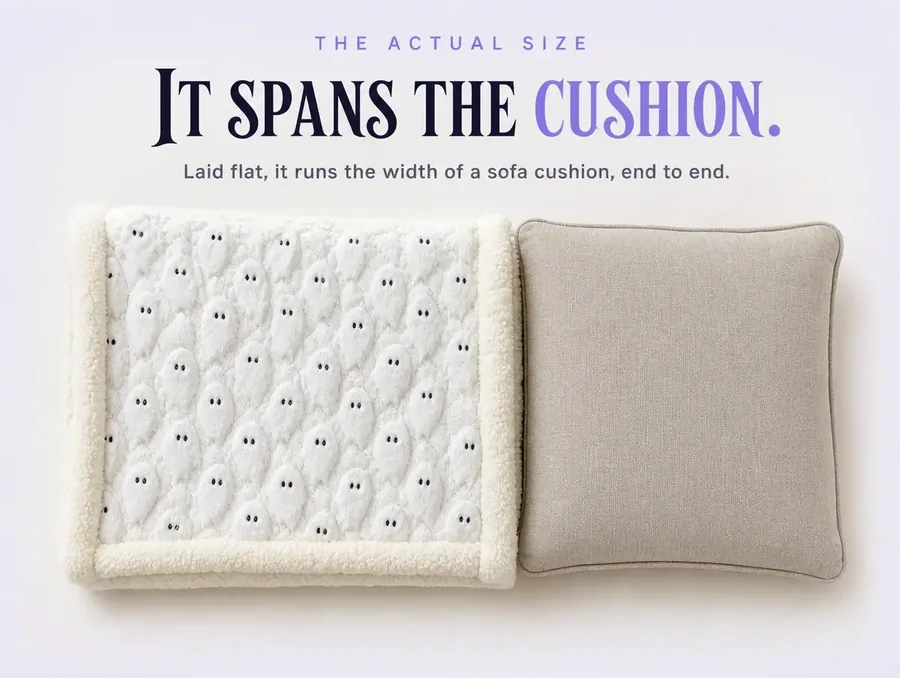 The folded throw laid beside a single sofa cushion from directly above, spanning it end to end.