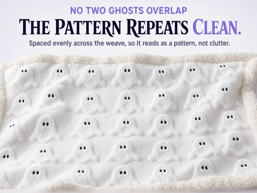 A mid-distance studio view of several raised ghost silhouettes repeating evenly across the fabric.