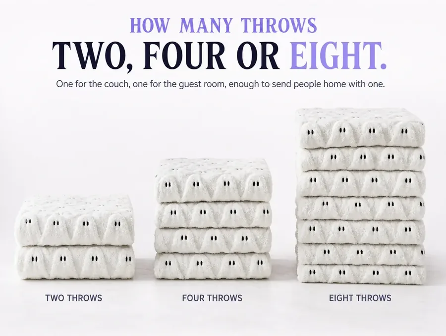 Three stacks of folded throws of increasing height on a pale ground, for the two, four and eight-unit packs.