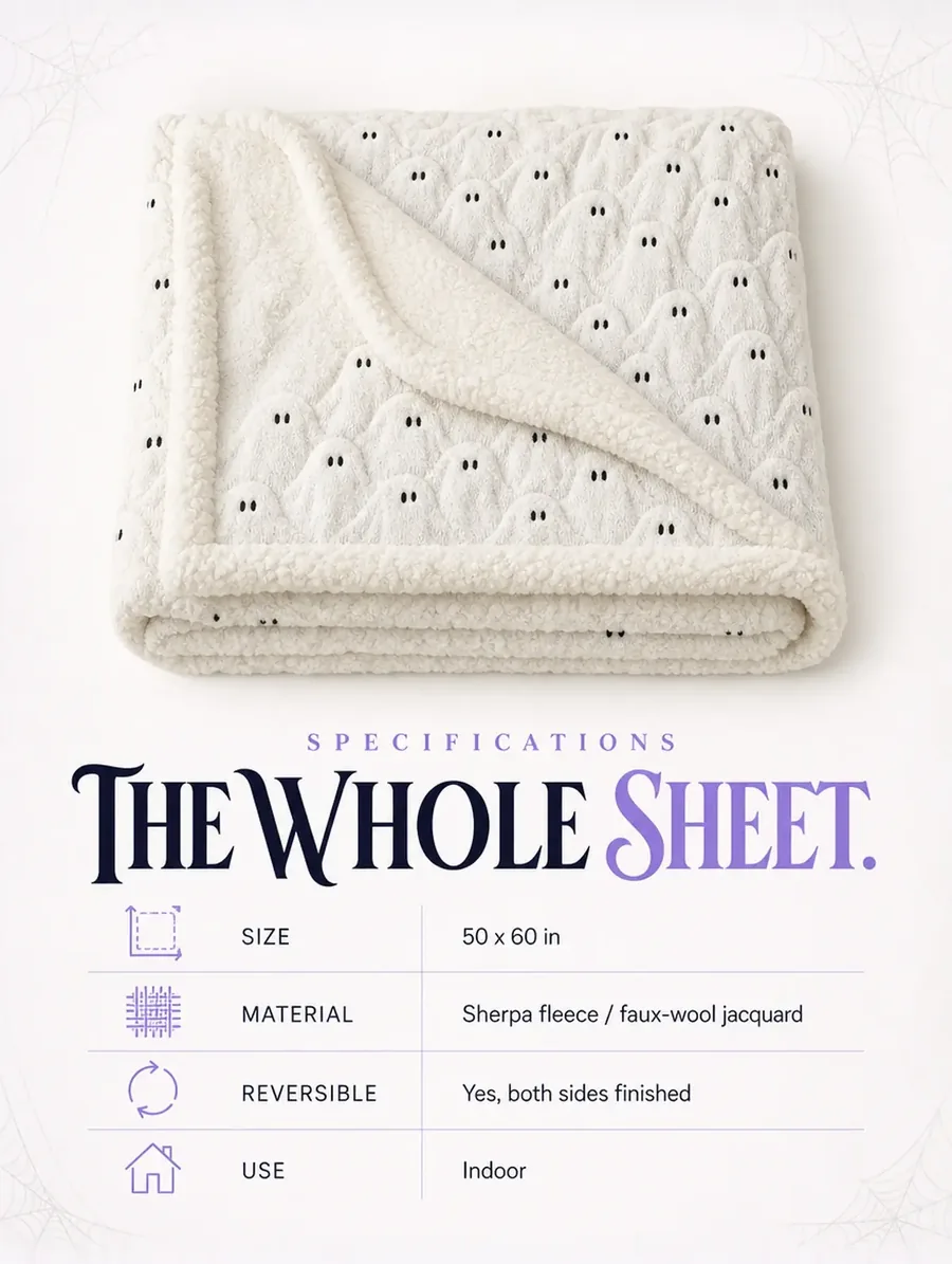 Spec sheet: the folded throw as a cut-out at the top, a four-row table below with size, material, reversible and use.