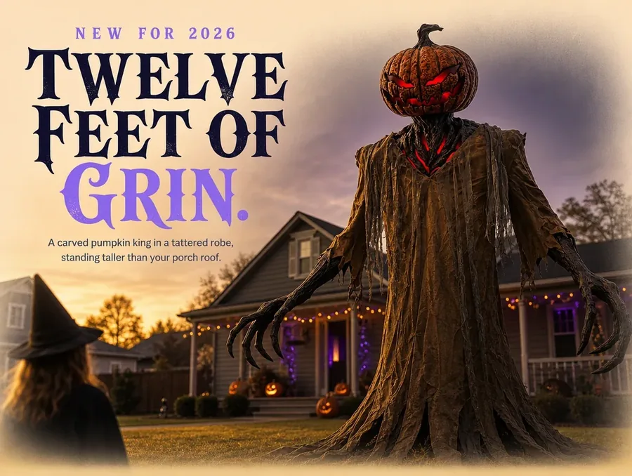 A 12 ft pumpkin-headed animatronic figure standing on a front lawn at golden hour, arms reaching outward.