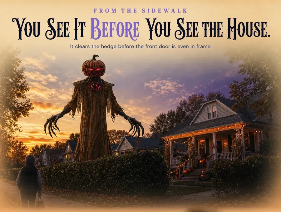 The tall pumpkin-headed figure seen from the sidewalk, visible above the hedge in front of a house.