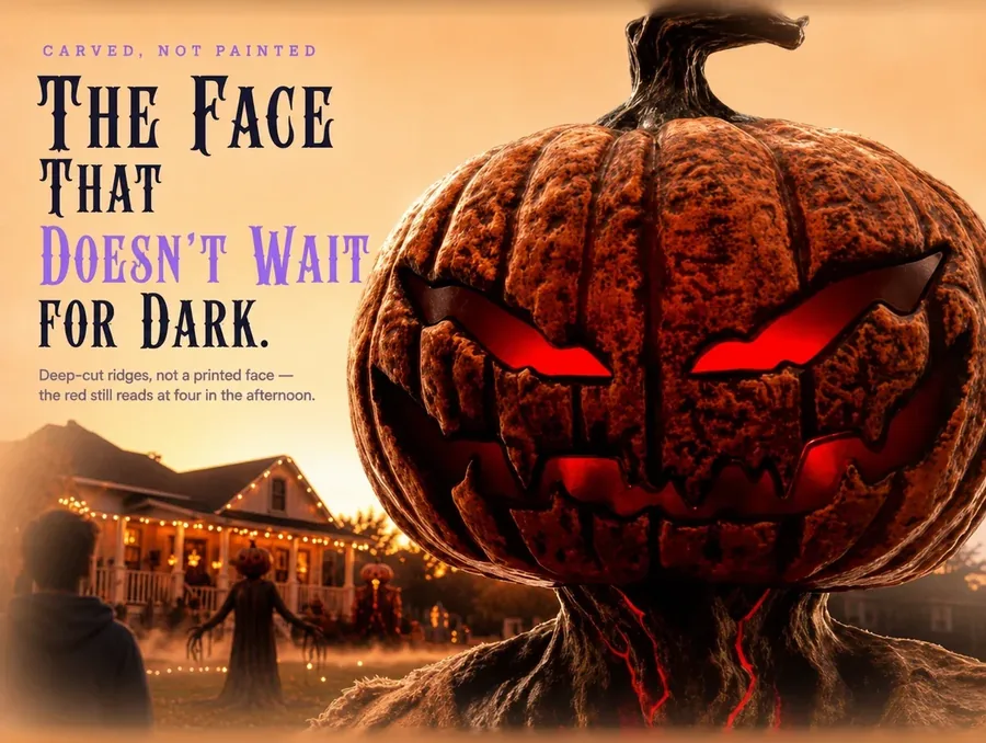 Extreme close-up of the carved pumpkin head's face with red-glowing triangular eyes in daylight.