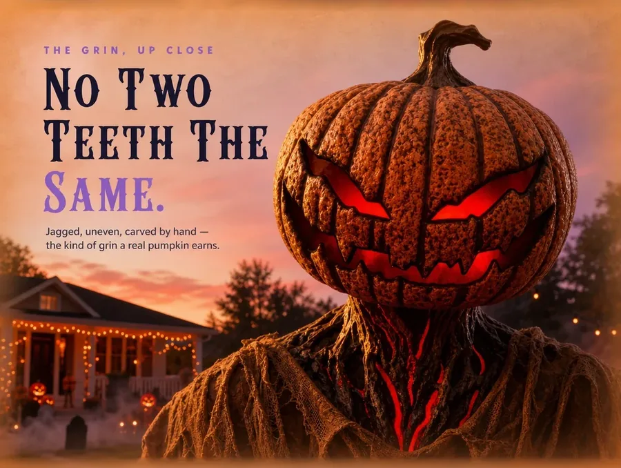 Macro close-up of the jagged carved mouth of the pumpkin head, glowing red from inside.