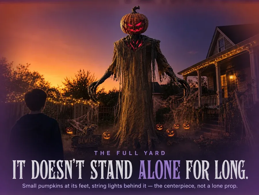 The pumpkin-headed figure standing in a fully decorated front yard as dusk turns to violet.