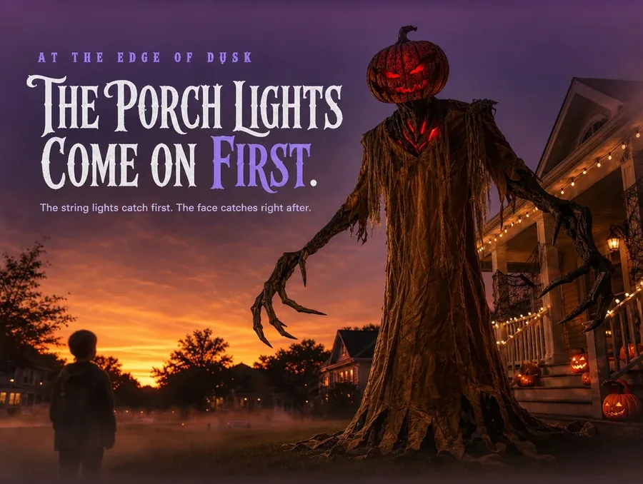 The figure beside a decorated front porch at dusk, string lights switching on as its face begins to glow.