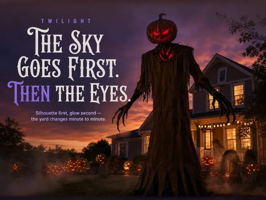 The figure silhouetted against a deep violet twilight sky with its eyes just beginning to glow red.