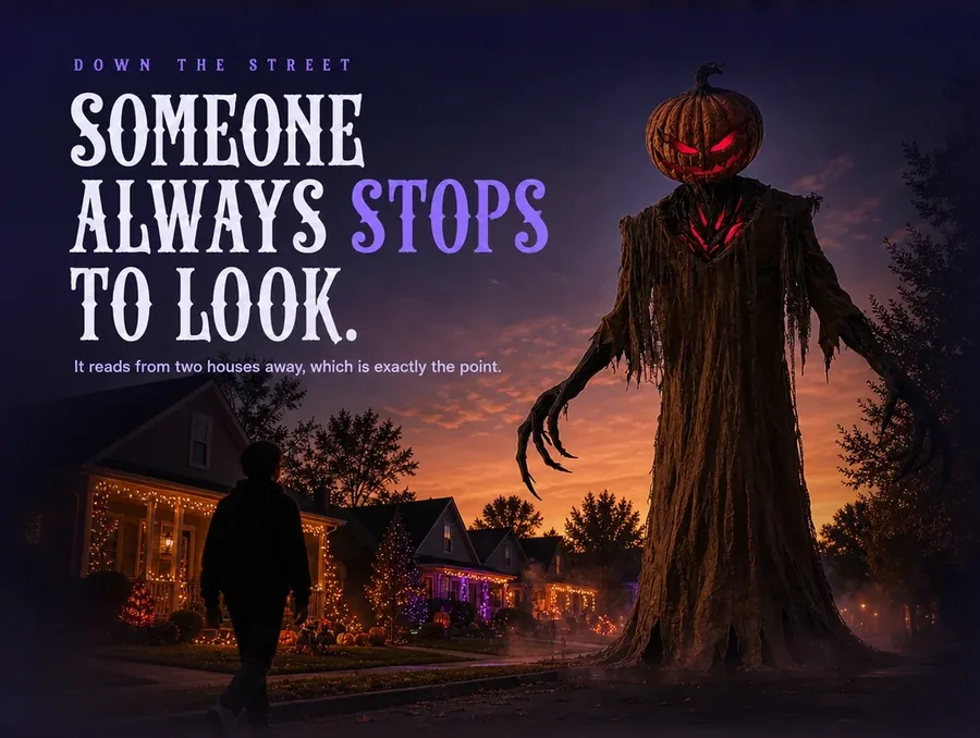 A generic silhouette pausing on a neighboring driveway to look toward the glowing figure down the street.