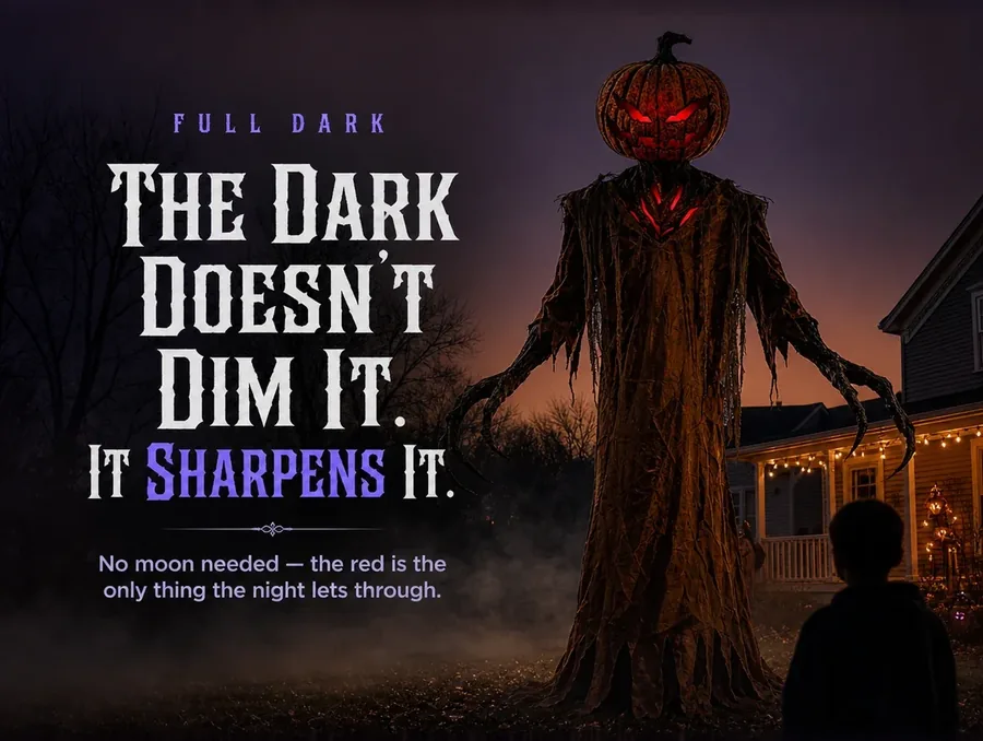 The figure's glowing red eyes and chest are the only light in a completely dark, foggy front yard.