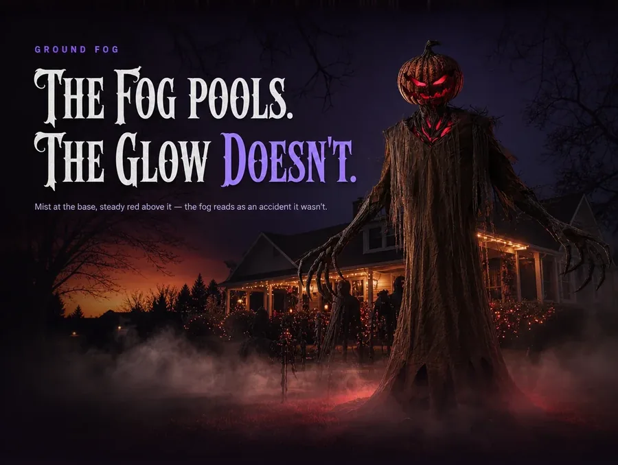Ground fog pooling around the figure's feet at night with its red glow reflecting faintly in the mist.