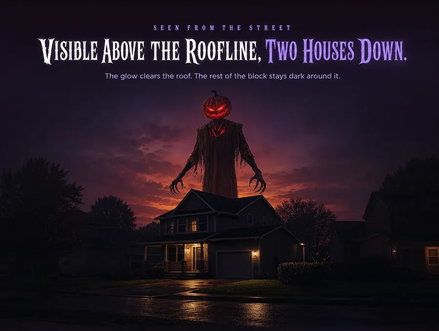 The glowing pumpkin head visible above a house's roofline, seen from across a dark suburban street.