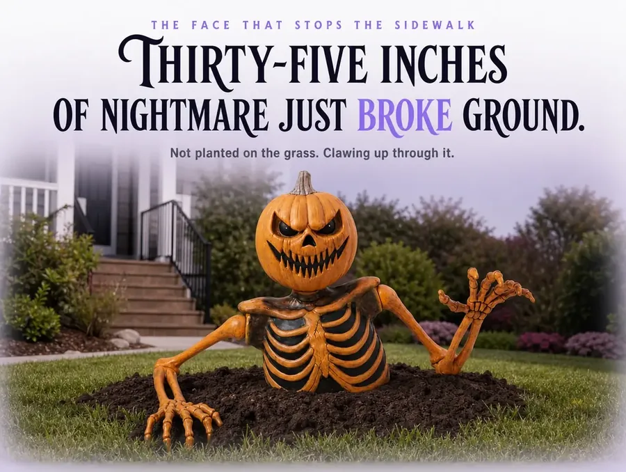 The snarling pumpkin-headed groundbreaker rising chest-deep from a mound of turned soil in a front yard.