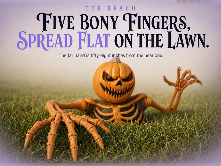 Macro of one clawed hand with long bony fingers spread flat on the grass.