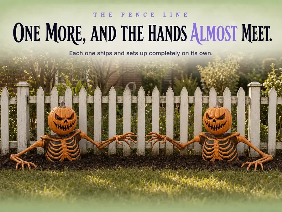 Two groundbreakers spaced along a fence line with their reaching hands almost touching.