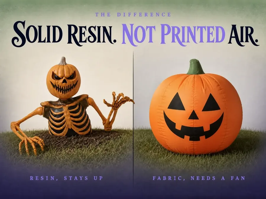 Split comparison of the carved resin torso against a generic inflatable pumpkin shape.