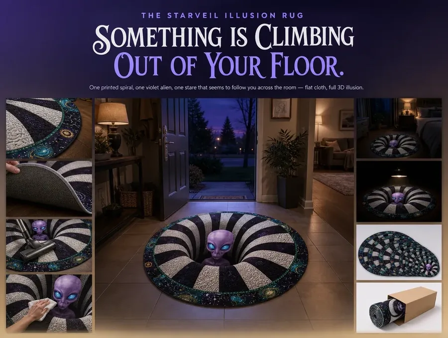 Round optical illusion rug with a purple alien face rising from a black-and-white spiral at a front entryway.