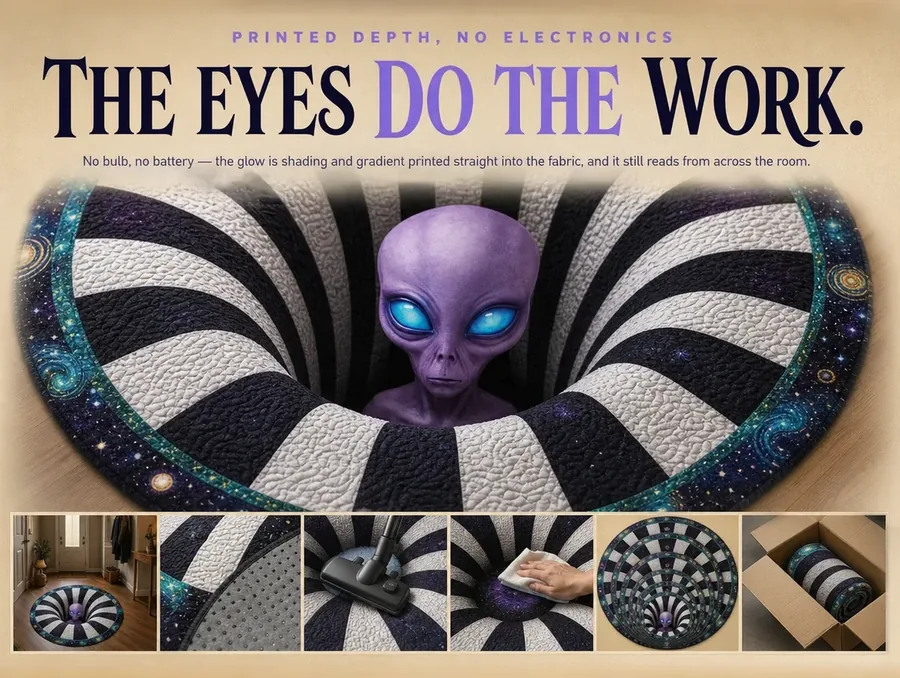 Extreme close-up of the glowing blue eyes on the purple alien printed at the center of the illusion rug.