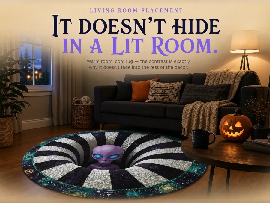 Round purple alien spiral illusion rug placed in front of a sofa in a warm-lit living room at dusk.