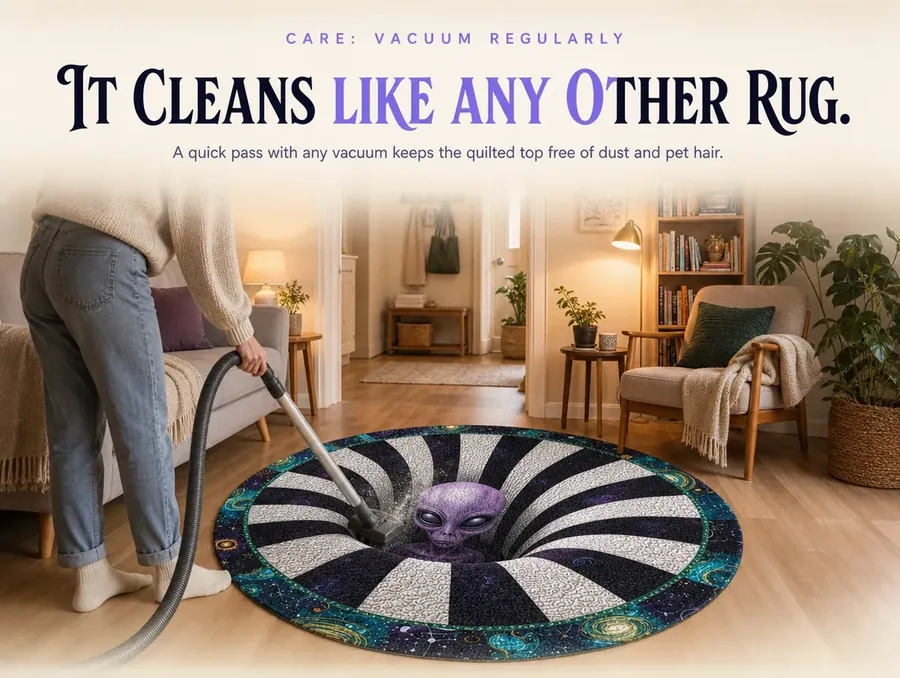 Handheld vacuum cleaning the quilted surface of the purple alien optical illusion rug.