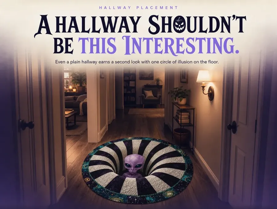 Purple alien spiral illusion rug centered in a narrow hallway lit by a warm wall sconce.