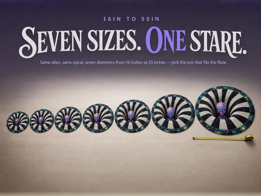 Seven sizes of the same purple alien illusion rug lined up from smallest to largest for comparison.