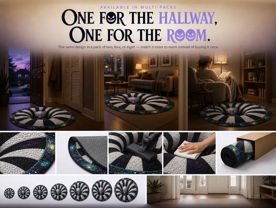 Two matching purple alien illusion rugs of the same design placed in a hallway and a living room.