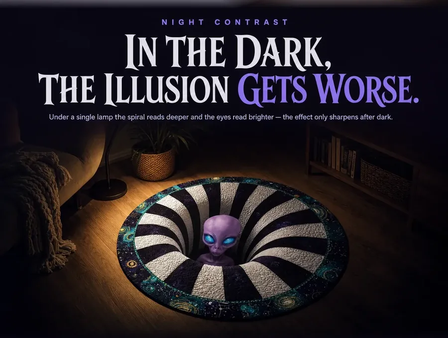 Illusion rug under a single lamp at night showing the alien's glowing blue eyes against a black spiral.