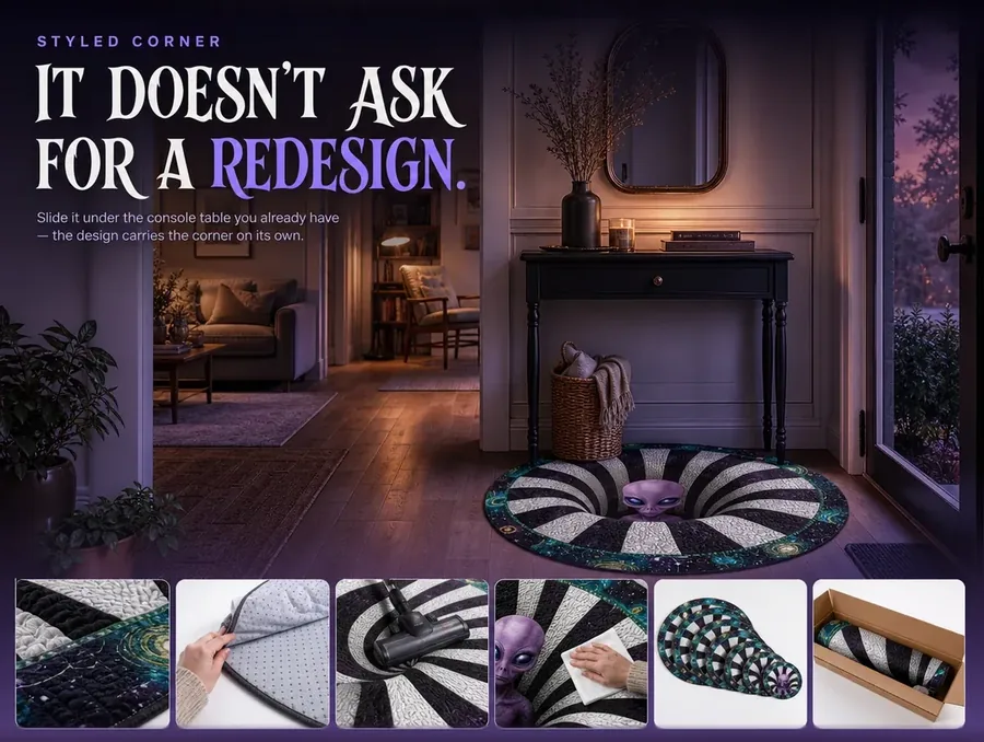 Purple alien optical illusion rug placed under a console table in a styled entryway corner.