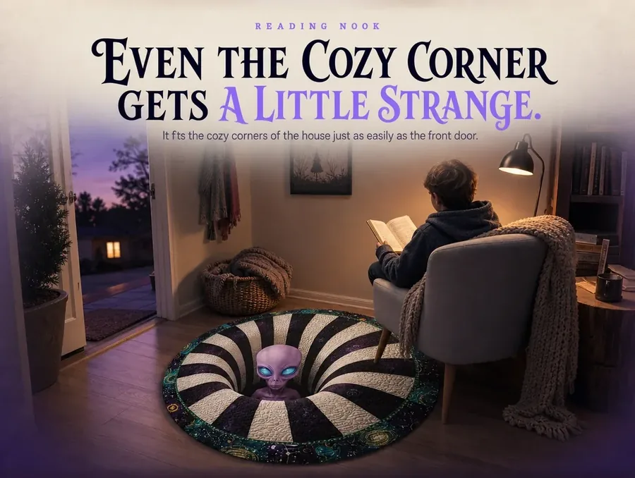 Purple alien illusion rug in front of an armchair in a warm-lit reading nook at dusk.