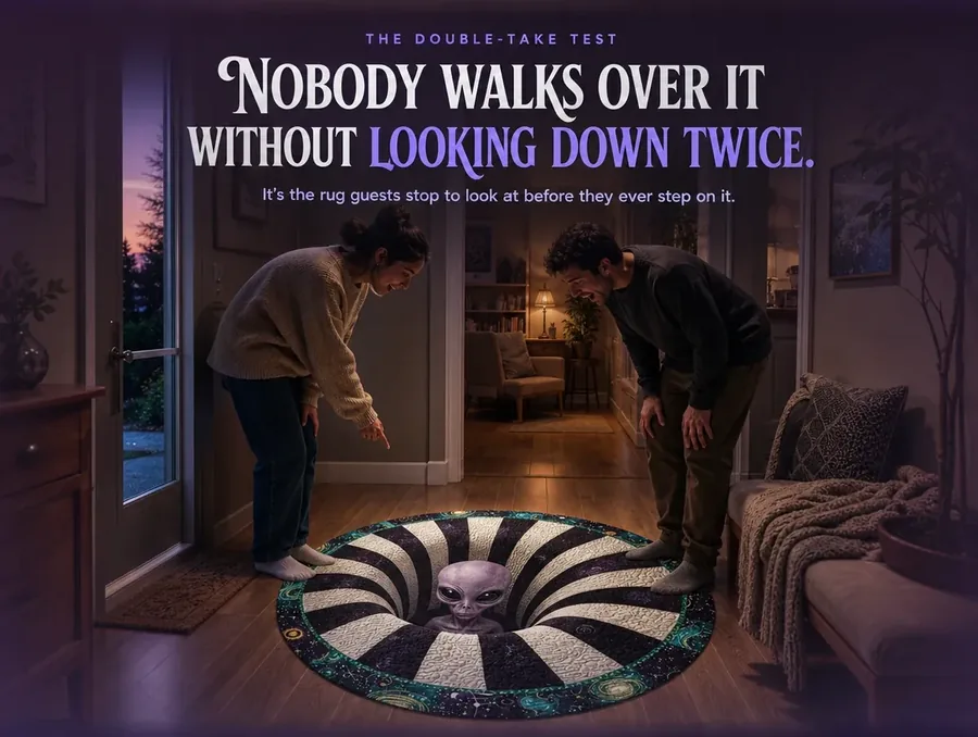 Two people looking down with surprise at the purple alien face on the illusion rug beneath them.