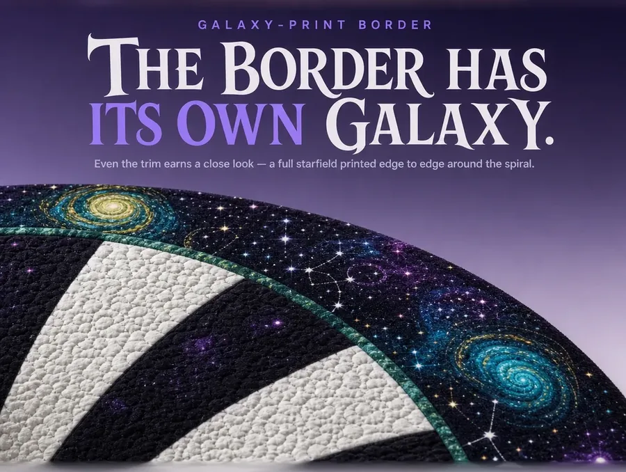 Macro close-up of the deep-space galaxy and star print bordering the illusion rug's spiral design.