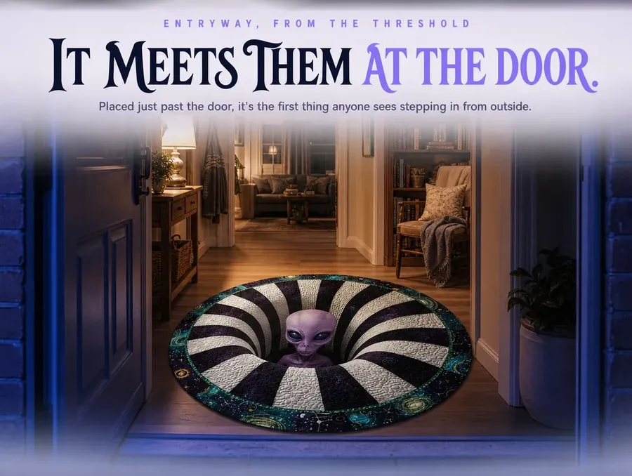 View from a front porch at dusk into an entryway where the alien illusion rug sits just inside the door.