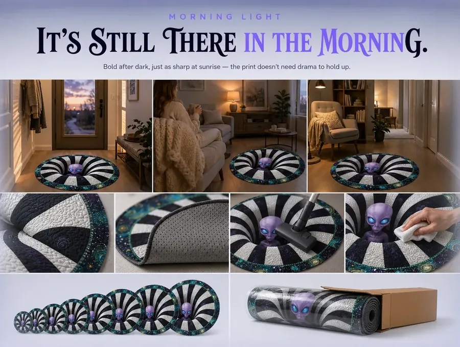 Quiet early morning entryway with the purple alien optical illusion rug in soft pale light.