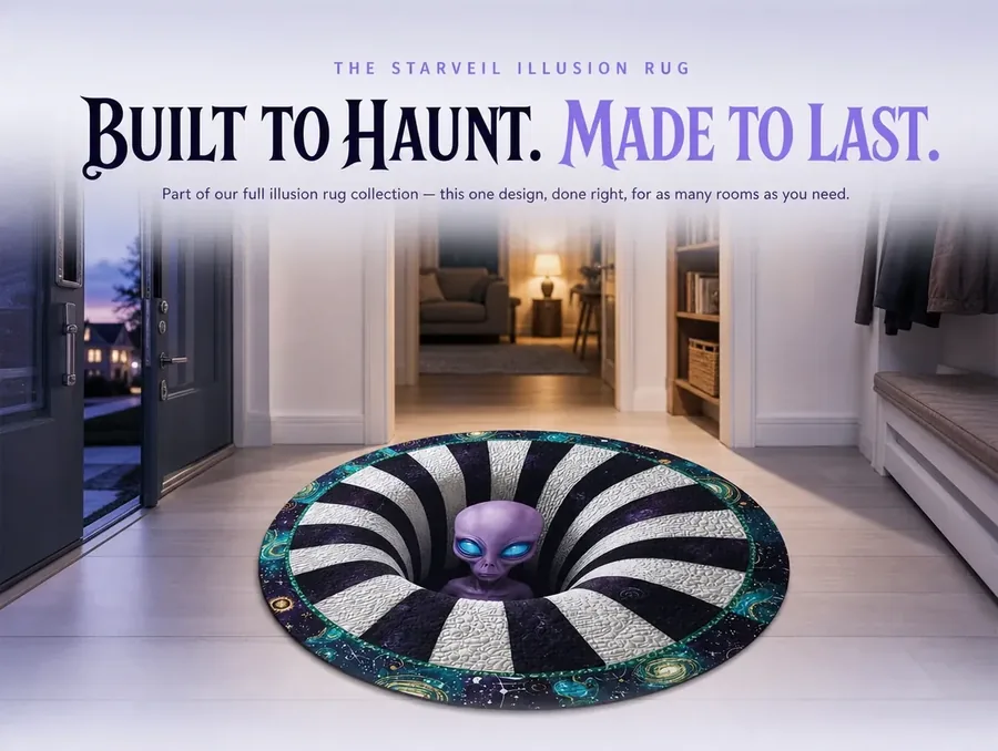 The purple alien and black-and-white spiral illusion rug centered alone on a plain floor in pale light.