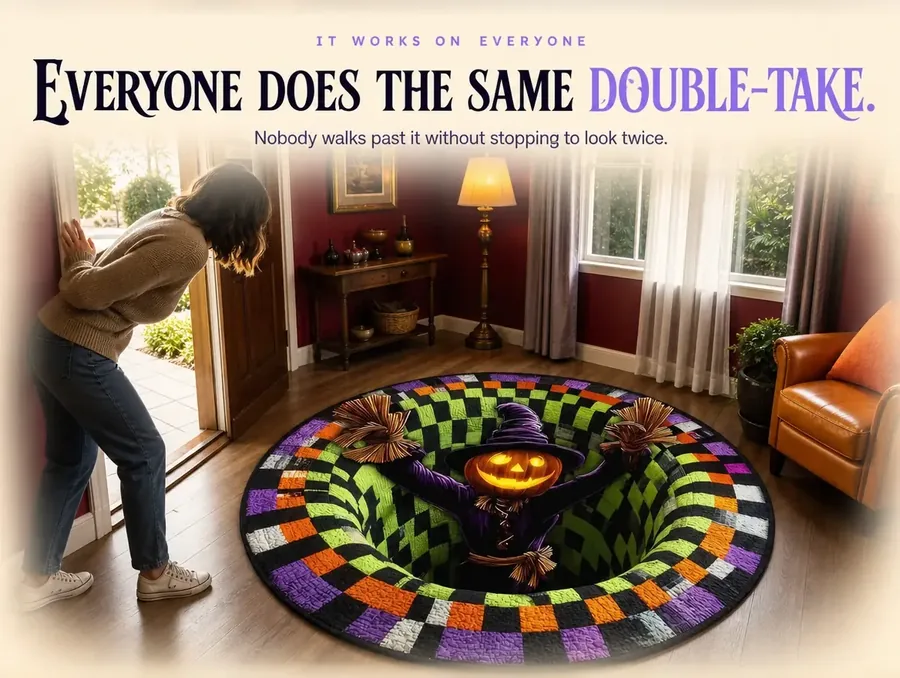 A visitor crouched at a doorway studying a rug printed with a 3D checkerboard illusion