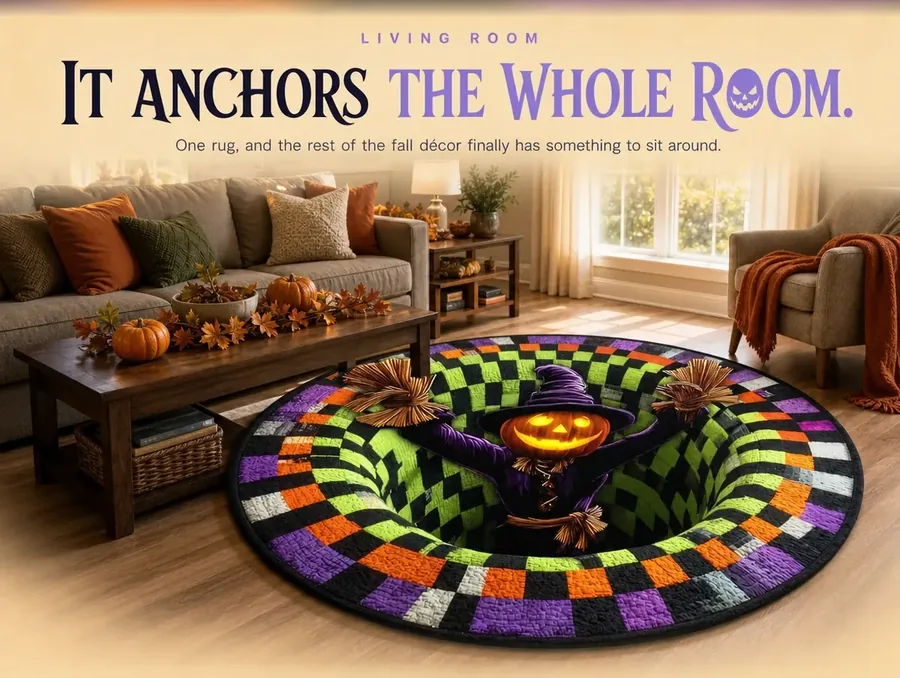A living room with pumpkins on a coffee table beside a round illusion rug on the floor