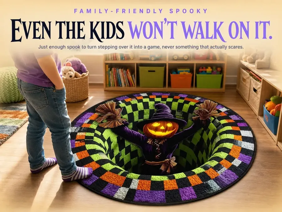 A child's socked feet pausing at the edge of a checkerboard illusion rug in a playroom
