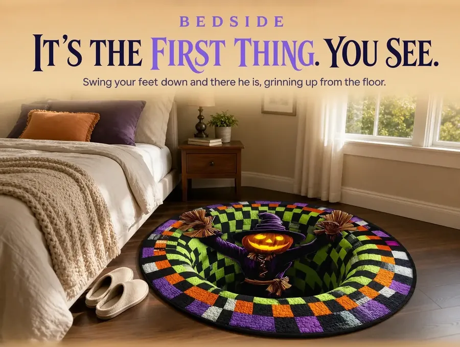 Slippers set beside a bed next to a round illusion rug printed with a grinning scarecrow
