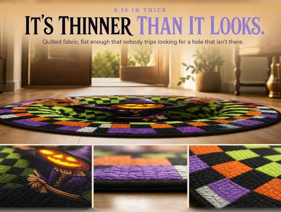 Side view of a thin quilted rug lying flat against a wood floor at floor level