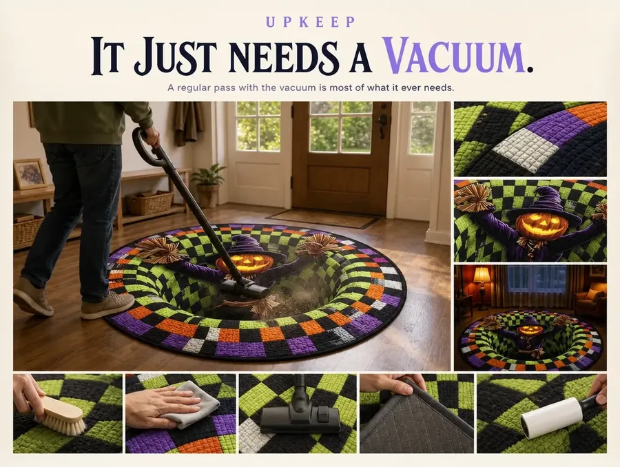 A vacuum cleaner head passing over the surface of a quilted checkerboard illusion rug