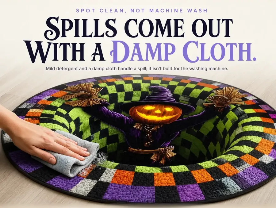 A hand wiping a small smudge off a checkerboard illusion rug with a damp cloth