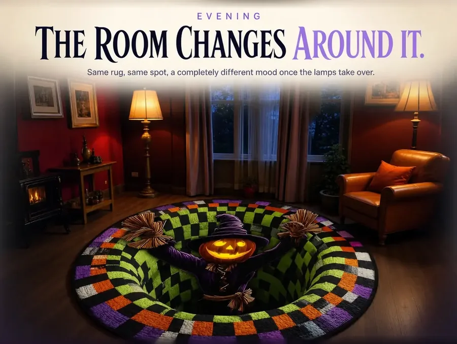 A living room at dusk with warm lamplight falling across a purple and green checkerboard rug